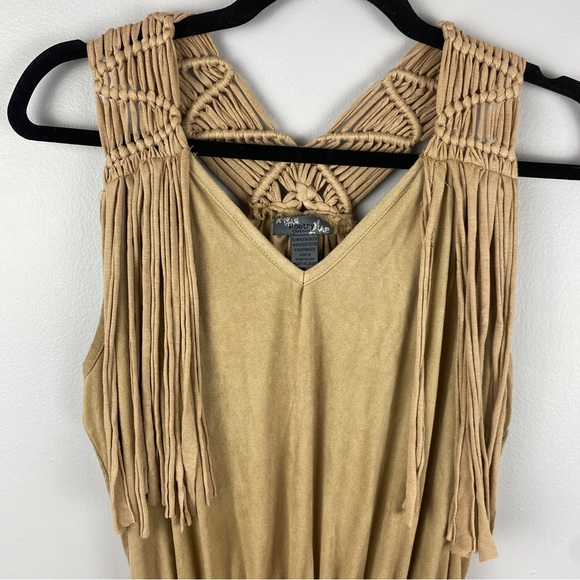 Poetry | Boho Faux Suede Fringe Racerback Sleeveless Mini Dress. Size Medium - Picture 3 of 10